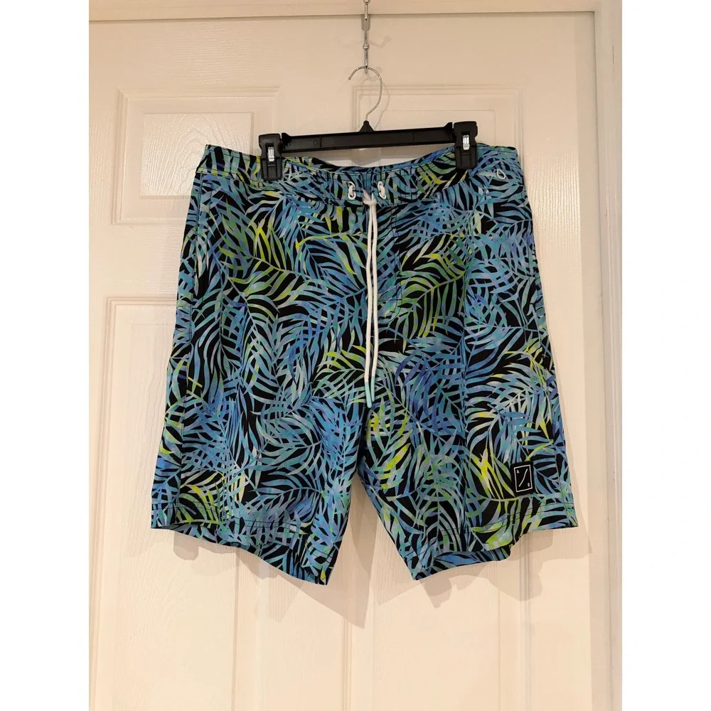 American Eagle Mens Tropical Palm Leaf Board Shorts Blue Green Swim Trunks Large